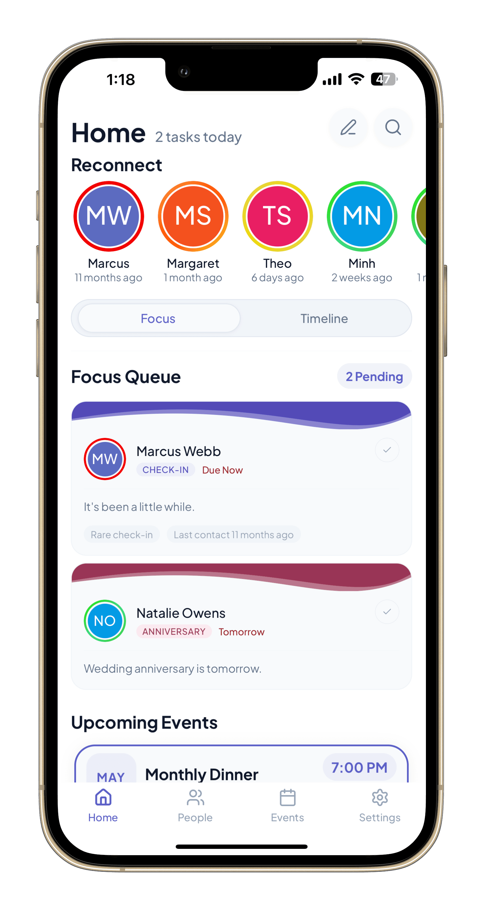Wajed home view showing reconnect suggestions, a focus queue, and upcoming events.