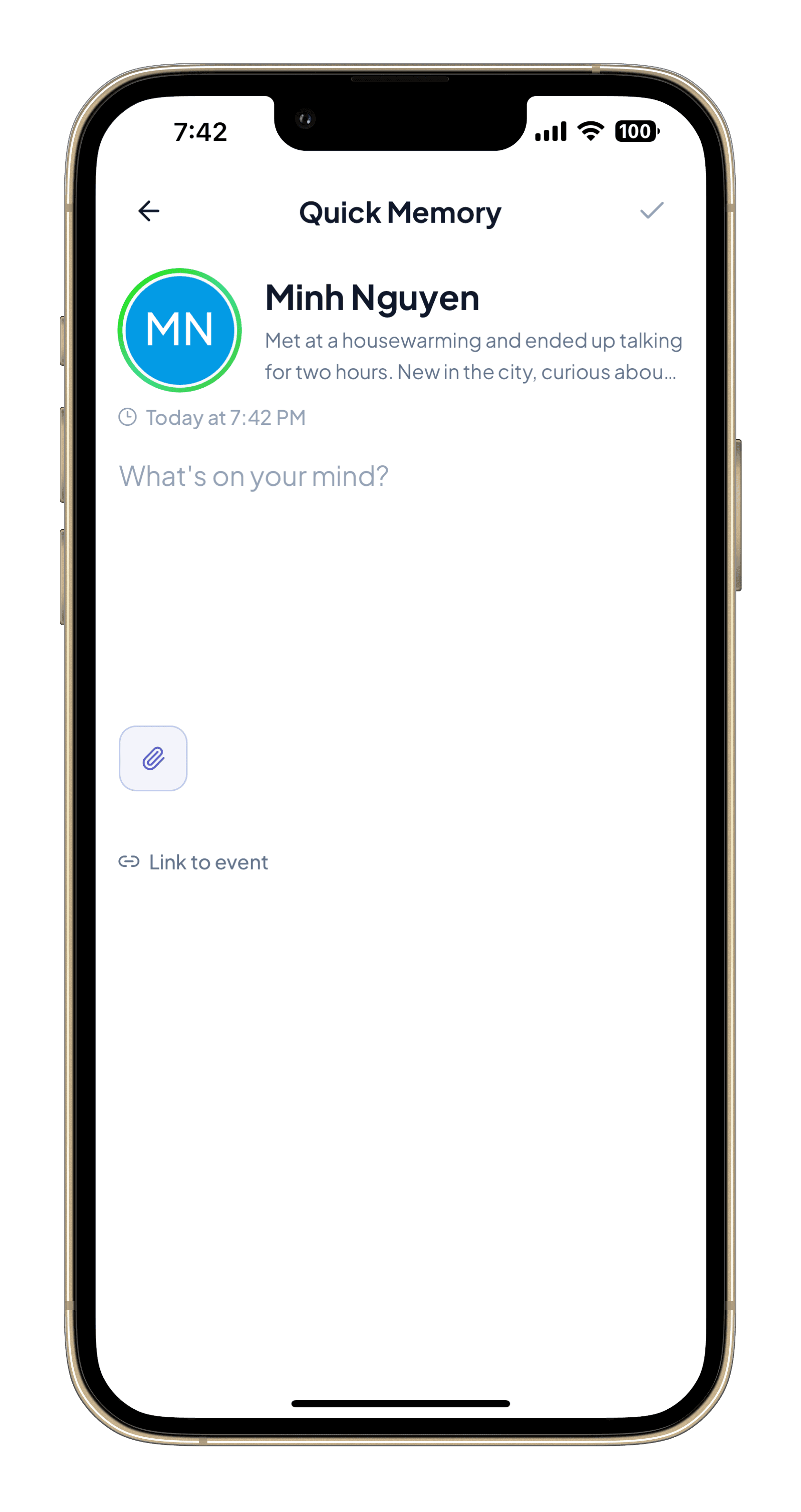 Wajed memory composer view for writing a new memory tied to a person.